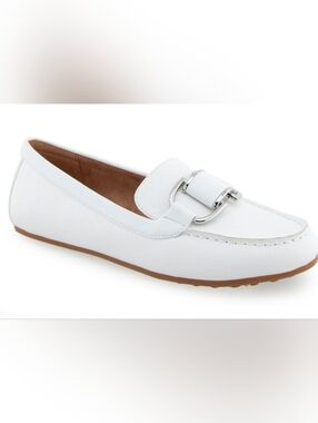 AEROSOLES White Leather Loafer with Silver Buckle Accent